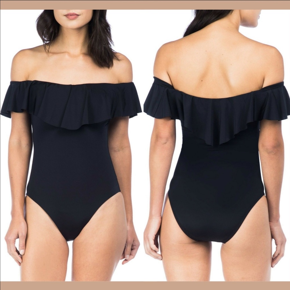 NEW Trina Turk Gypsy Solids Off‎ The Shoulder One Piece Swimsuit [SZ 10 ] Black